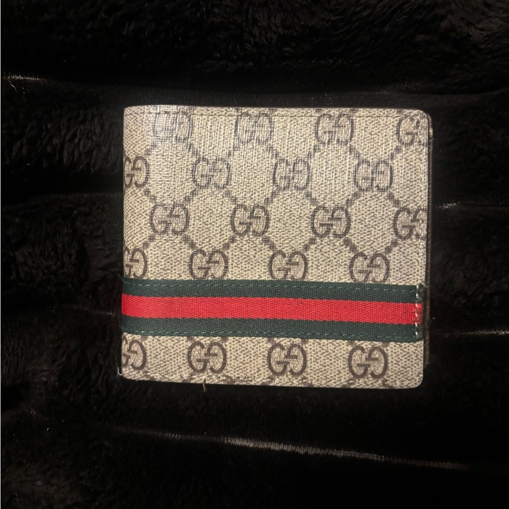Gucci Beige/Gray Monogram Canvas Bifold Wallet with Green & Red Web Stripe